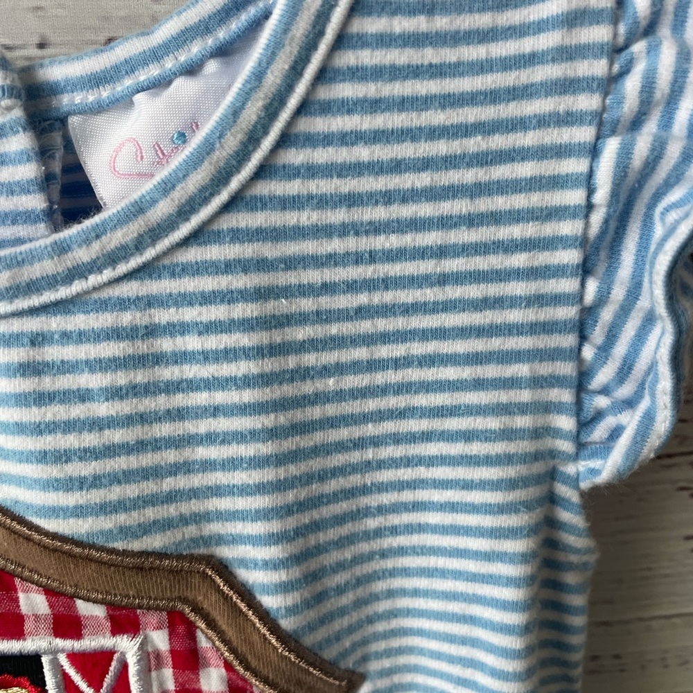 Stitchy Fish // Blue Striped Kids Romper with Barn Appliqué Size 9 Months - Picture 4 of 5